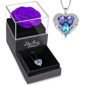Preserved Purple Real Rose with Angel Wings Necklace, Flower Gifts for Women